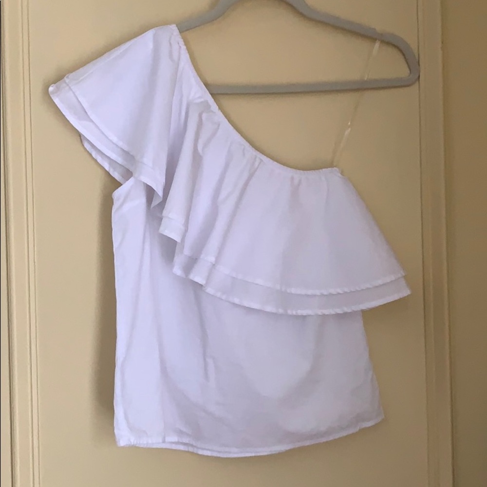 Franccesca’s white one shoulder blouse